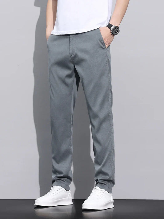 Fiber Fabric Summer Men's Casual Pants Fashion Thin Soft Breathable Elastic Business Slim Straight Trousers Black Gray