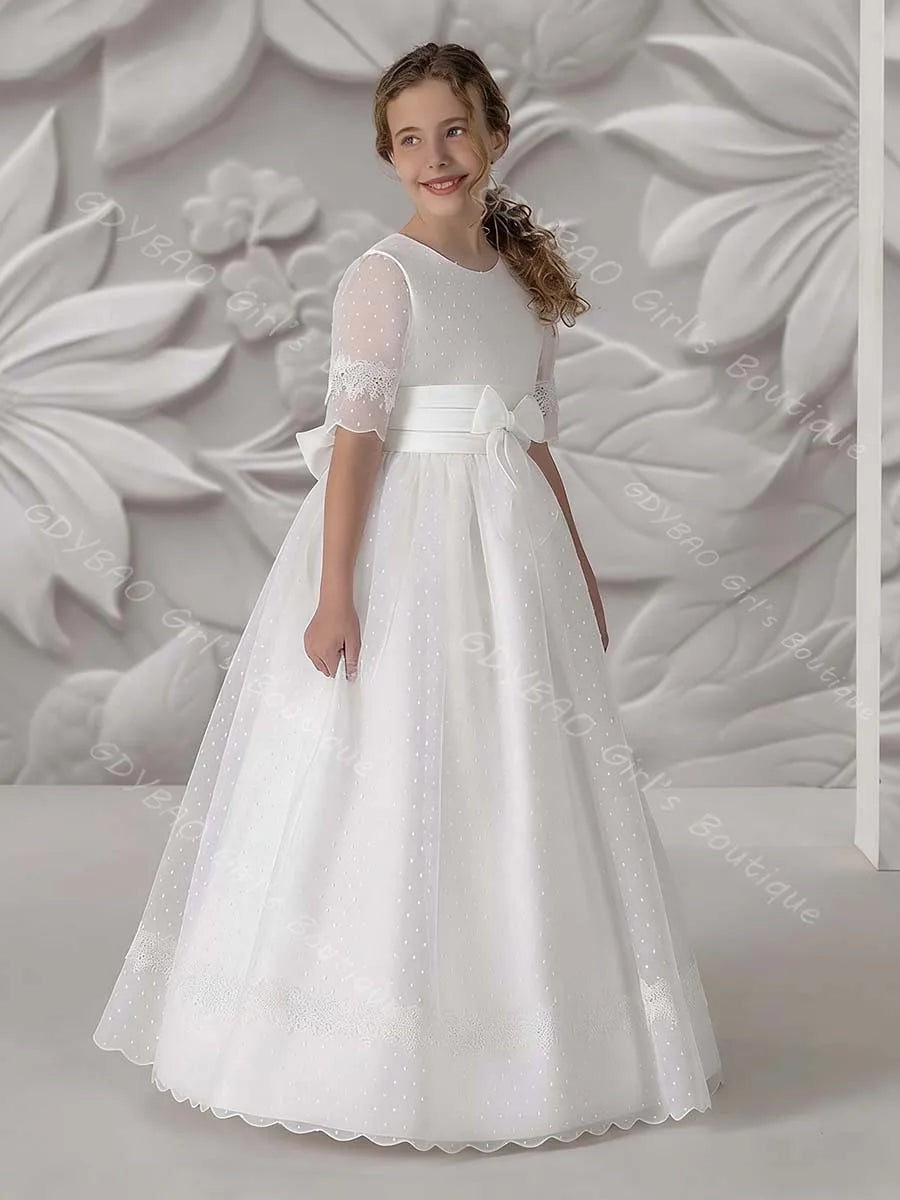 Elegant Girls Lace First Holy Communion Dress Round Neck Half Sleeve Flower Girl Dress with Sashes Custom Birthday Party Gown