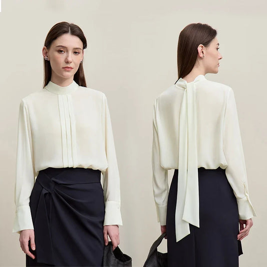 Women's Chiffon Blouse 2026 Autumn New Tie Neck Elegant Office Top French Style Stand Collar Flowy Shirt for Women 12641131