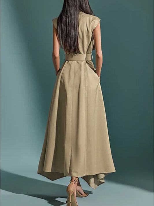 Missuoo Summer 2025 Women's Elegant Sleeveless Cotton-Blended Dress Double Button High Waist A-Line Office Dresses with Belt