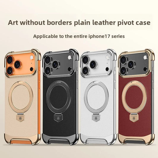 Luxury Leather Ultra Thin Frameless Magnetic Phone Case For iPhone 17 Pro Max 16 Plus 15 14 13 Metal Bracket kickstand Cover