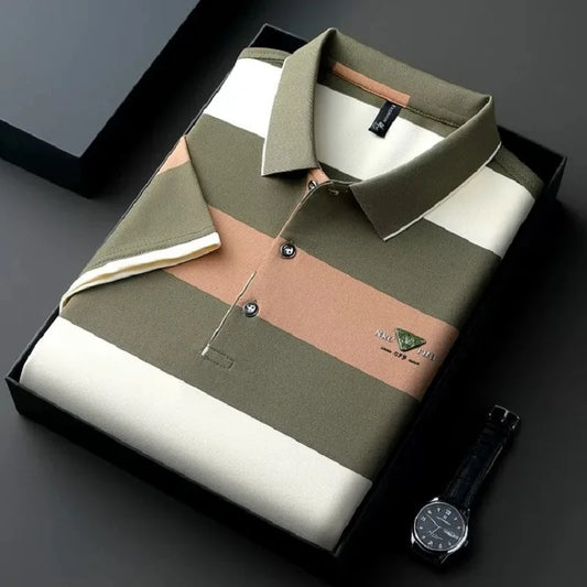 Luxury brand emboss short sleeve polo shirt fashion T-shirt stripe color blocked summer pure cotton comfort casual men's wear