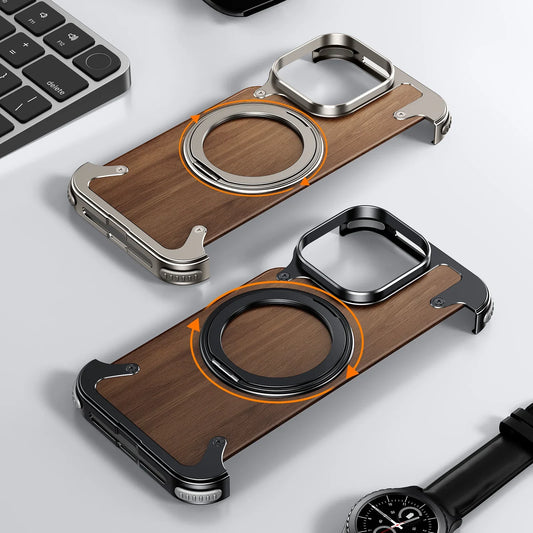 Natural Wood for iPhone 17 16 15 Pro Max Case Frameless with MagSafe Phone Stand Shockproof Protective iPhone 14 Pro Cover