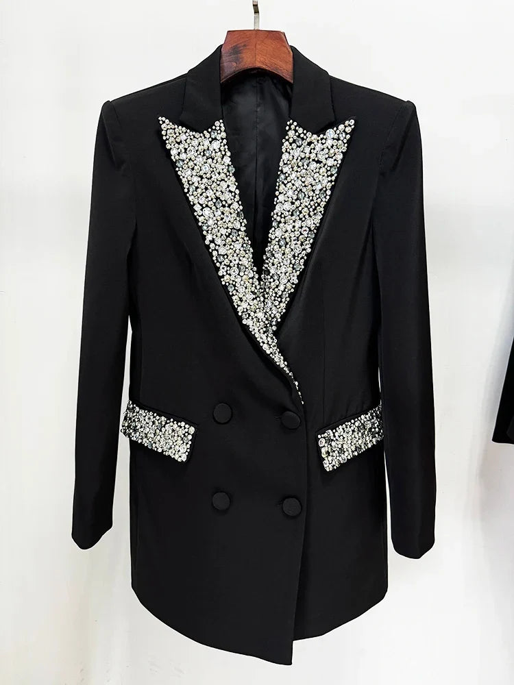 HIGH STREET Newest Fashion 2026 S/S Designer Fashion Jacket Women's Slim Fitting Luxury Rhinestone Diamonds Beaded Long Blazer