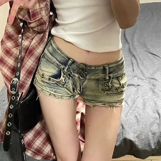 New Woman Designer Low Waist Punk Jeans Girls Aesthetic Elastic High Street Mini Pants Female Sexy Nightclub Summer Denim Shorts