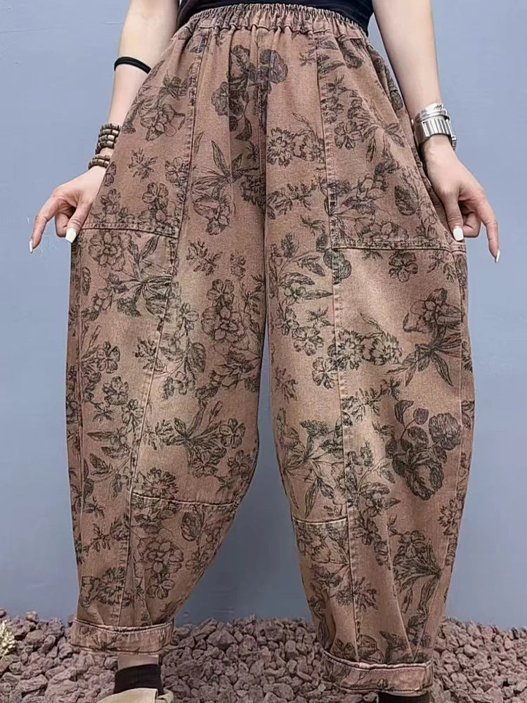 2025 Floral Spring Ladies Printed Classic Elegant Harem Pants Casual Fashion Jeans Vintage Loose Women Denim Trousers