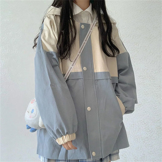 Fashion Cute Charm Outdoors Oversized Blue Series Hoodie Button Women Street Fashion Clothing Retro Simple Pullover Sweatshirt