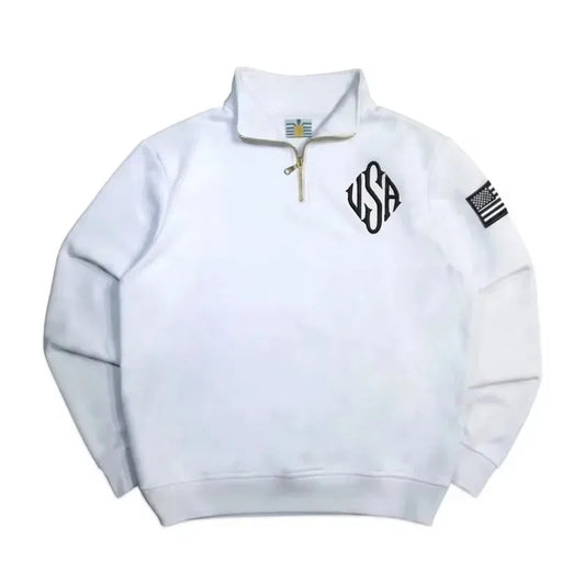 Y2K Navy Blue Quarter Zip Sweatshirt USA Embroidered American Flag Patch Jacket Men Women Vintage Streetwear Fashion Trend Top