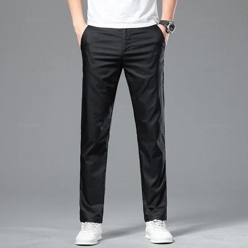 New Summer Cosy Soft Bamboo Fiber Straight Suit Pants Men Business Stretch Thin Navy Blue Casual Trousers Male Large Size 40 42