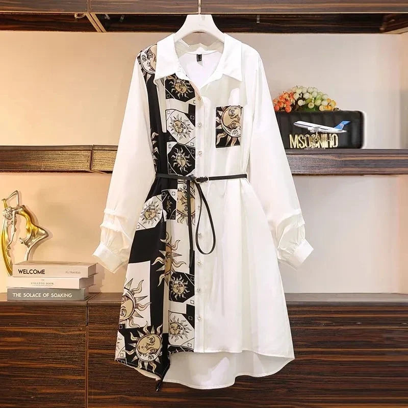Vintage Print A-Line With Belt Loose Polo Neck Women's Dress Elegant Single-Breasted Knee Length Dresses For Women 2024 Spring