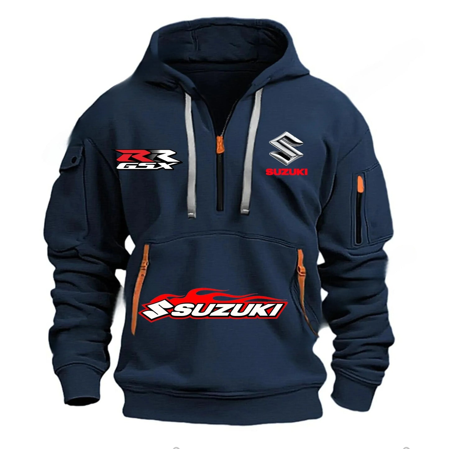 Suzuki brand men's street sports motorcycle hoodie with printed design autumn and winter semi-zipper multi-pocket sweatshirt