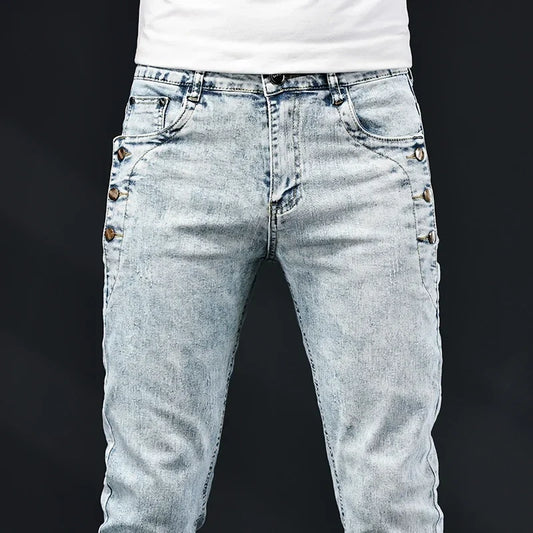 Slim Skinny Jeans Men New Elastic Korean Design Fashion Multi-Button Blue White Vintage Wash Cotton Stretch Denim Pants Trousers