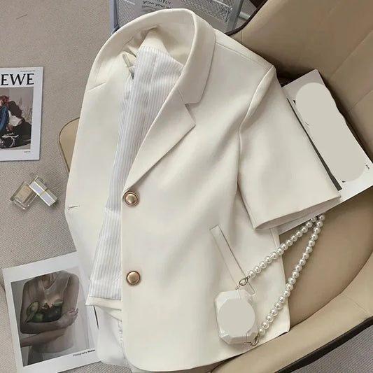 Lucyever Summer Shorts Sleeve Women's Jacket Korean Fashion Notched Neck Office Work Blazer for Women Casual Simple Suit Jackets
