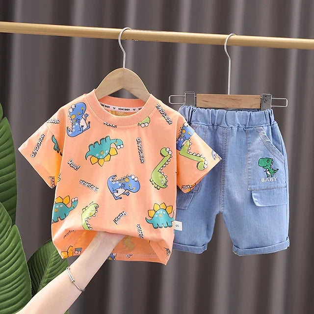 Summer Toddler Clothes Suit Full Print Dinosaur Pattern Short Sleeved Tshirt&shorts Set For Outdwear Tracksuit Boys Clothes Suit
