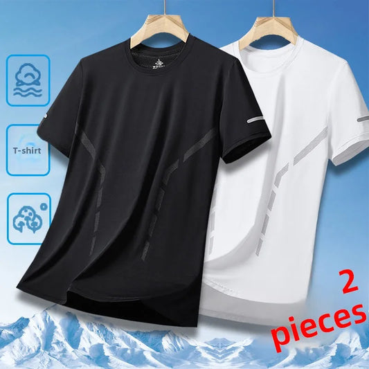 Ice Silk Men's T-Shirt Quick Dry Thin Short Sleeve Breathable Half Sleeve Large Size Casual Sporty Trendy round Neck Short Sl...