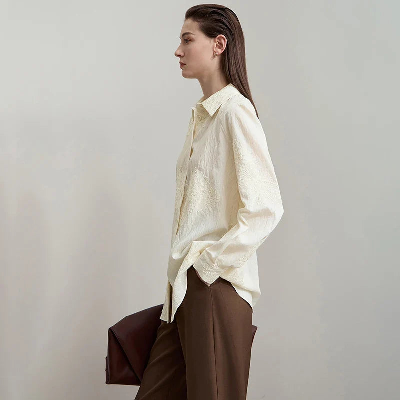 Women's Shirt 2025 Autumn New Blouse Ladies Embroidery Solid Loose Elegant Versatile Long Sleeve Tops For Woman 12543148