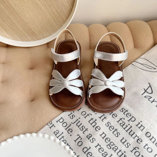 Girl's Sandals Hollow-out Solid Fashion Color Flower Leather Kids Sliders Open Toe Light Sweet Hook-loop Summer Children Shoe
