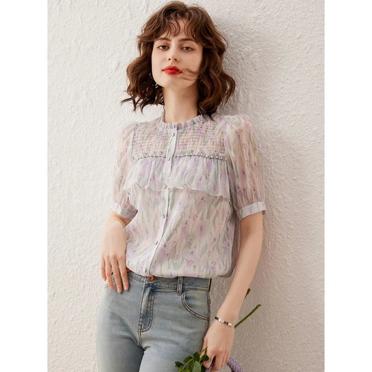 Women Shirt Elegant Print Beading Blouses 2024 Summer O Neck Short Sleeve Women's Top