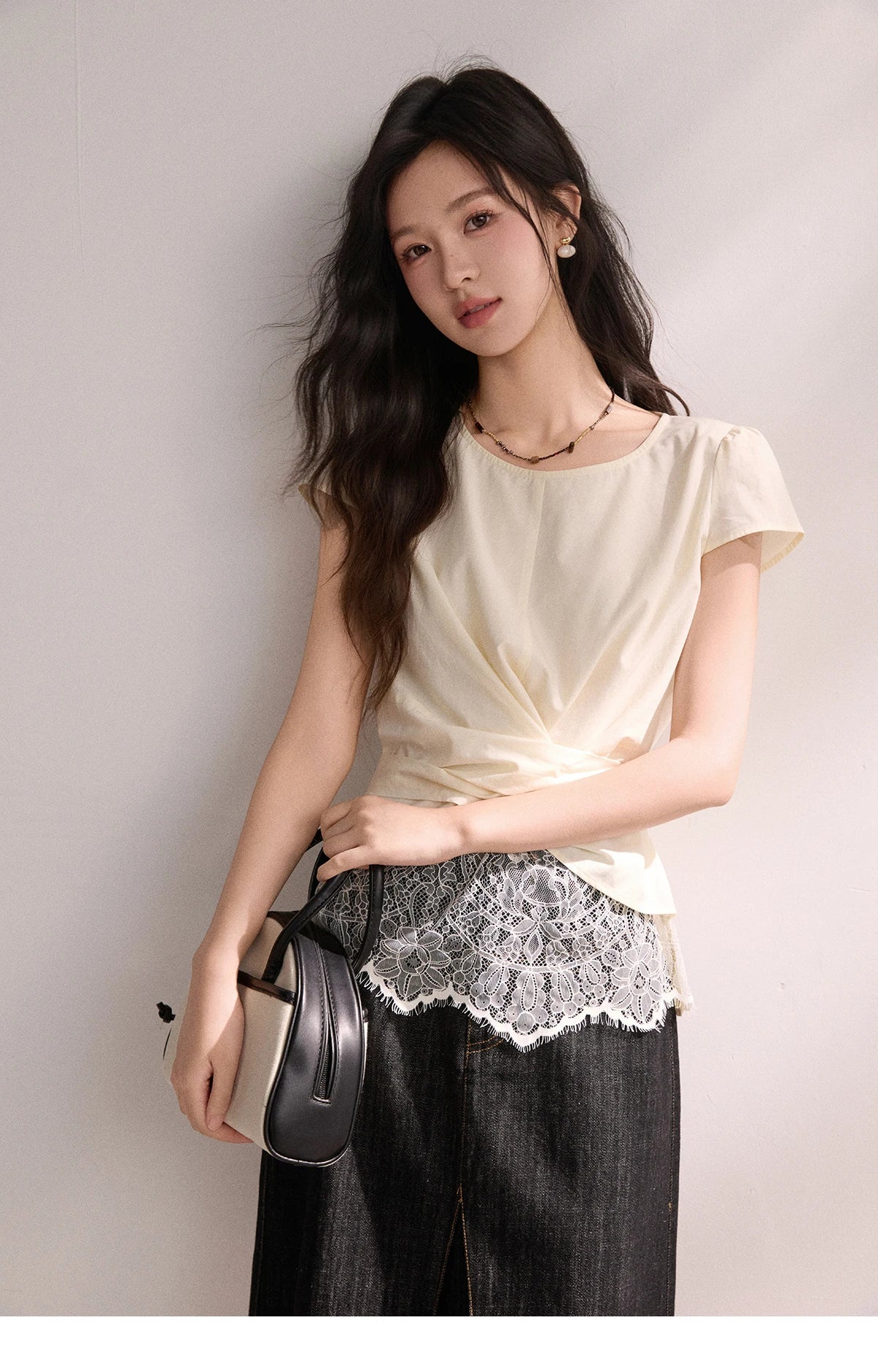 New French-style Twisted Crossover Waist-cinching Blouses Lace Patchwork Slim Fit Elegant Short Sleeve Top MXF22X2603