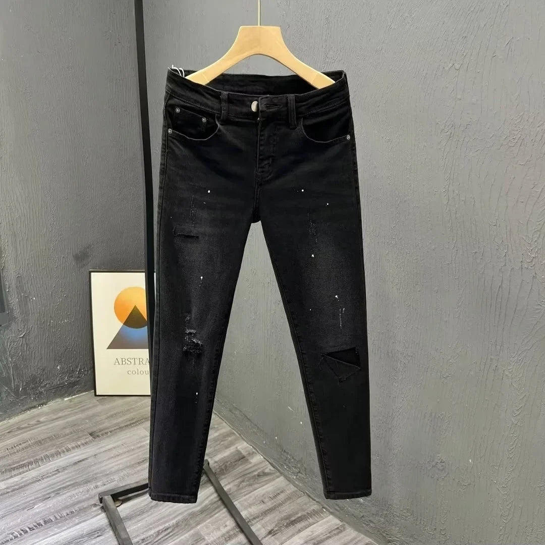 Trendy Men's Slim Fit Jeans Tear Hole Summer Thin Blue Cotton Elastic Waist Zipper Closure Casual Long Pants Youth Wear