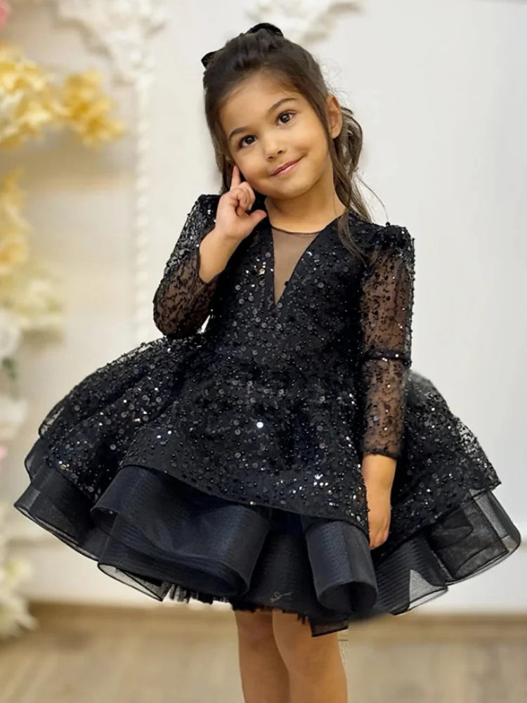 Customized Flower Girl Dresses White Tulle Puffy Tiered Sequin Long Sleeve For Wedding Birthday Party Banquet Princess Gowns