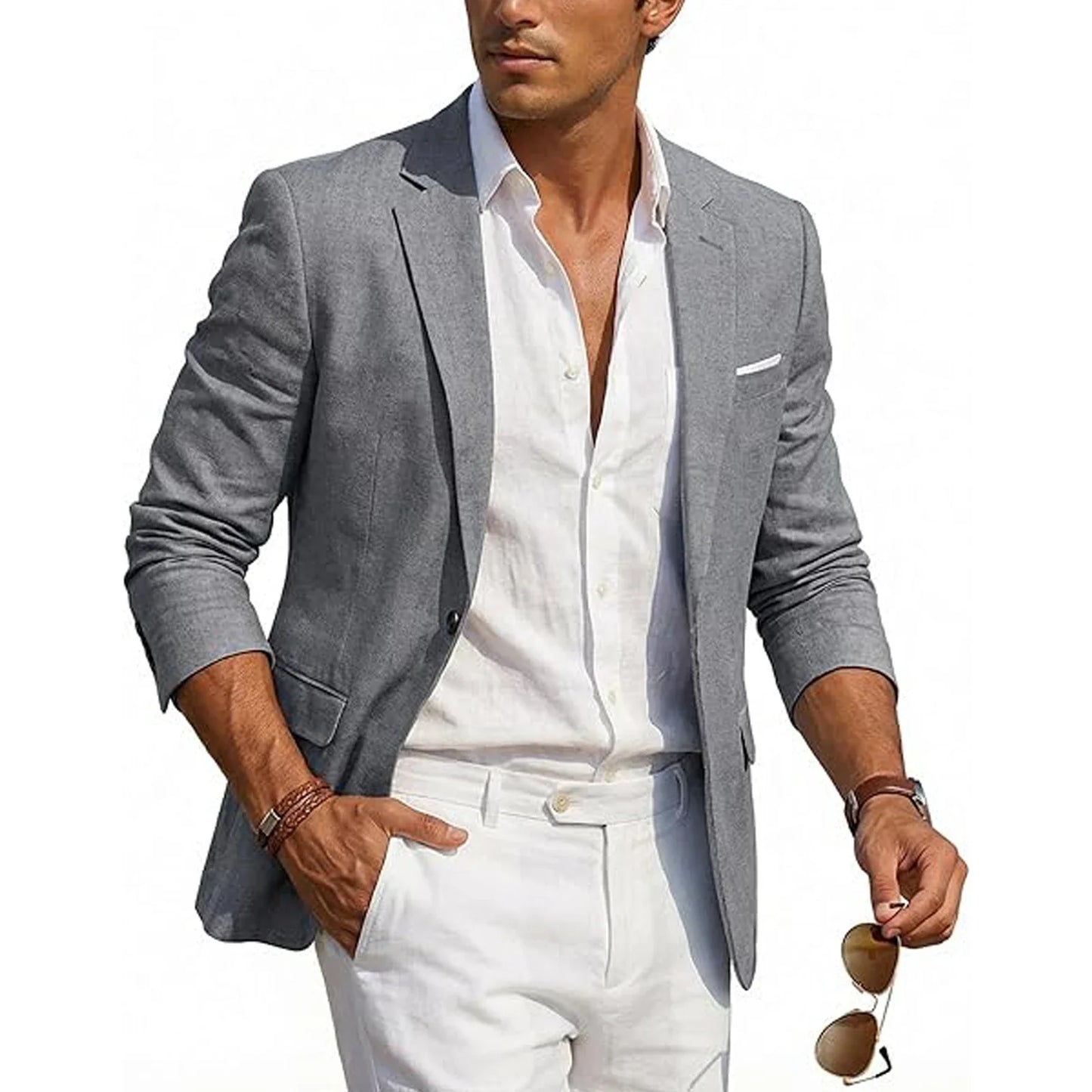 Men's Casual Linen Blazer Slim Fit Formal Business Lightweight One Button Suit Jacket for Spring/Summer Beach Wedding Sport Coat