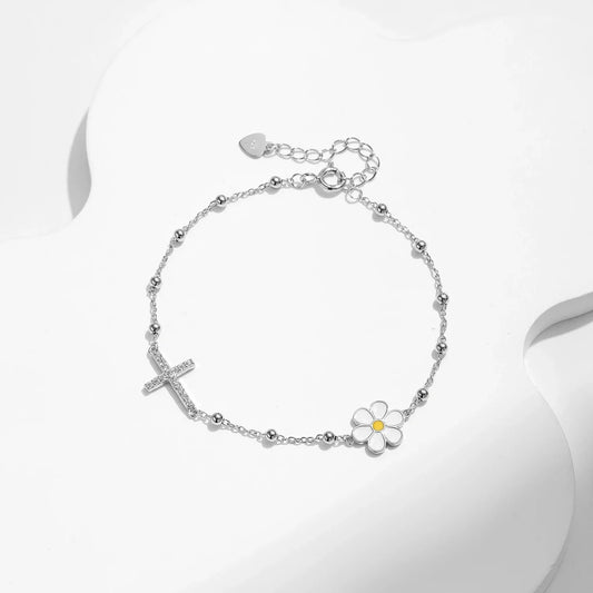Bracelet marguerite émaillé en argent sterling 925 avec breloques croix et fleurs CZ, bracelets délicats pour femmes, bijoux fins