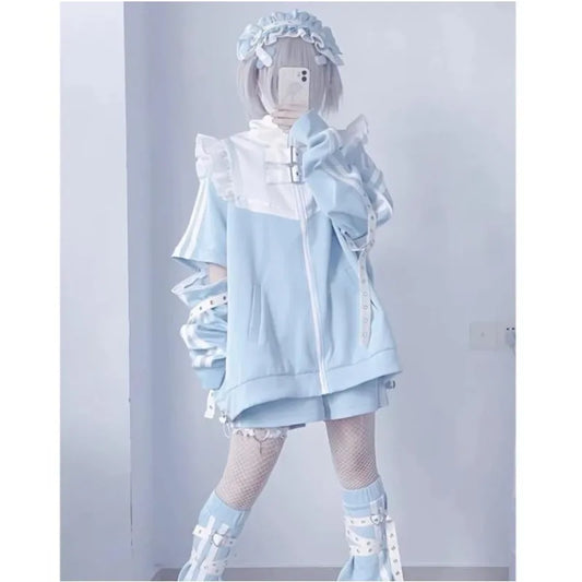 Japanese Subculture stitch Patchwork Hoodies Women's Autumn 2024 Ruffled Edge Harajuku Y2k Hoodie 2000s Loose Zipper Sweatshirts