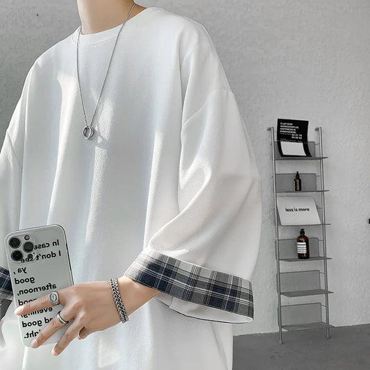 men t shirts Summer Men's T-shirts Women Oversized 2XL Korean Style Loose Plaid T-shirt Casual Seven sleeves T-Shirt Male White