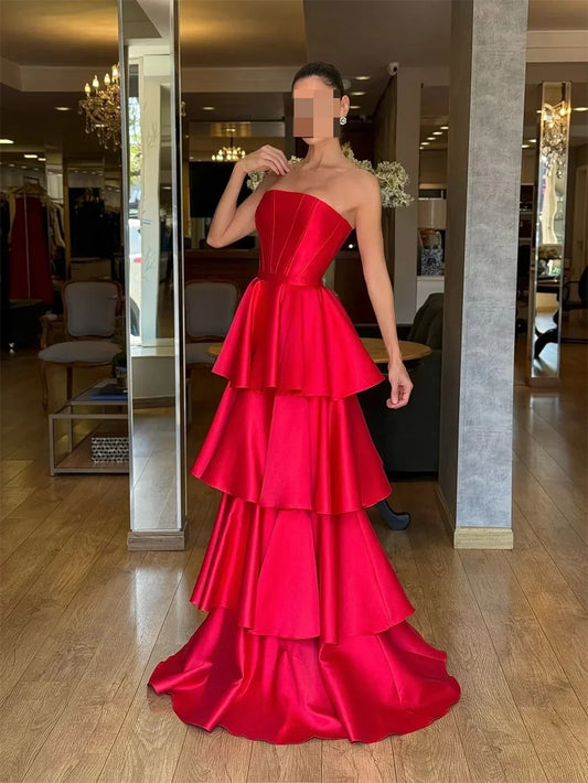 Cathy Customize Red Layered Satin A-line Prom Dress Simple Strapless vestidos de noiva Elegant Floor-length Evening Dresses 2025