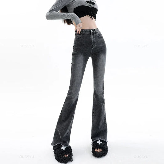 Spring Summer Flared Jeans Women Cotton Vintage Blue Denim Pants Streetwear Elastic High Waist Slim Harajuku Trouser Plus Length