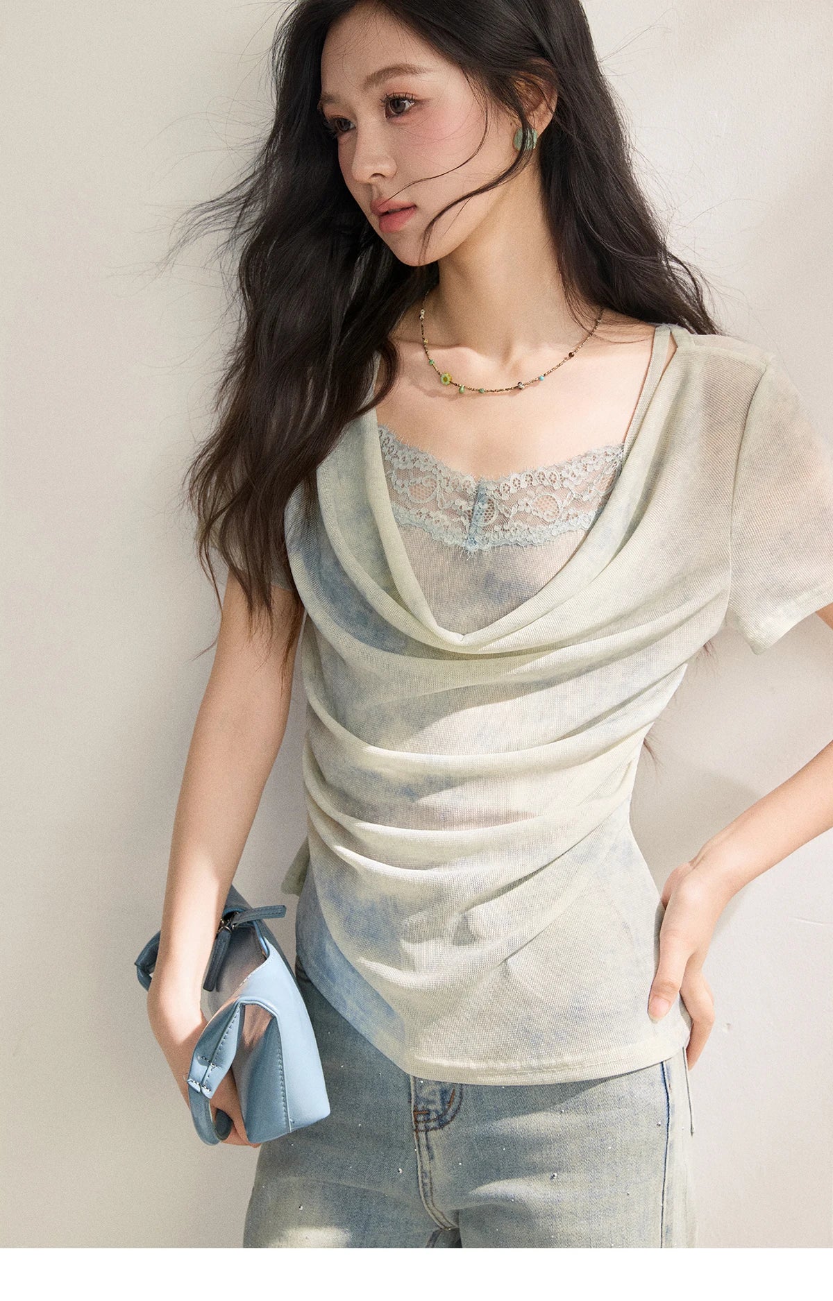 Blue Tie Dye T-Shirt For Women 2026 Summer New Swing Collar Lace Pleated Slimming Breathable French Style Top MXF22T1617