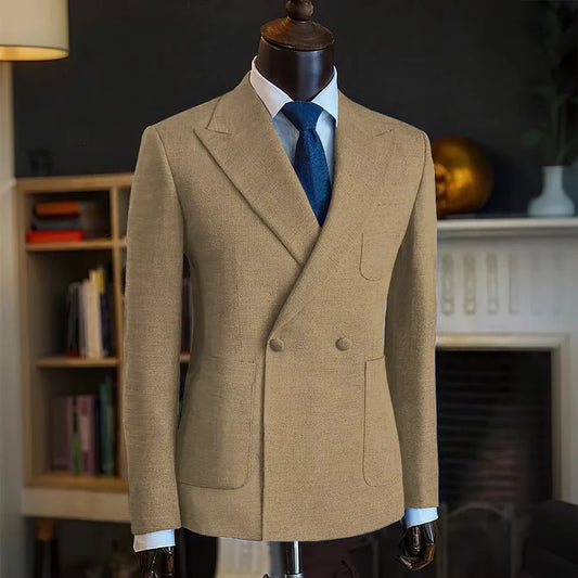 Luxury Men's Classic Suit Blazer Linen Double Breasted Notch Lapel Formal Groom Wedding Dress Jacket Lightweight Sport Coat