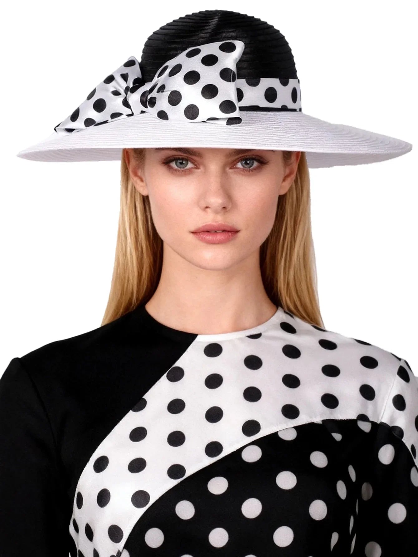 Elegant Women Wide Brim Rose Black Patchwork Polka Dots Kentucky Hat For Wedding Party Hat Big Bowknot Fedora Beach Cap
