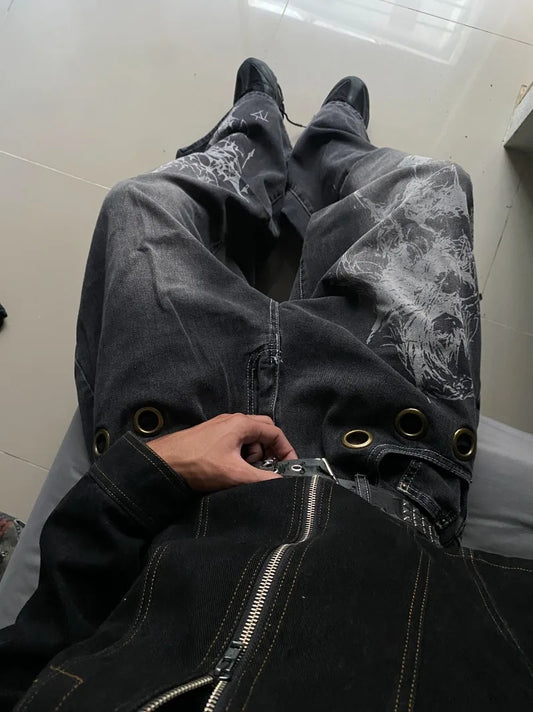 American New Fashion Oversized Pattern Printed Washed Jeans Men Y2K Gothic Rock Popular Casual Joker High Waist Wide Leg Pants