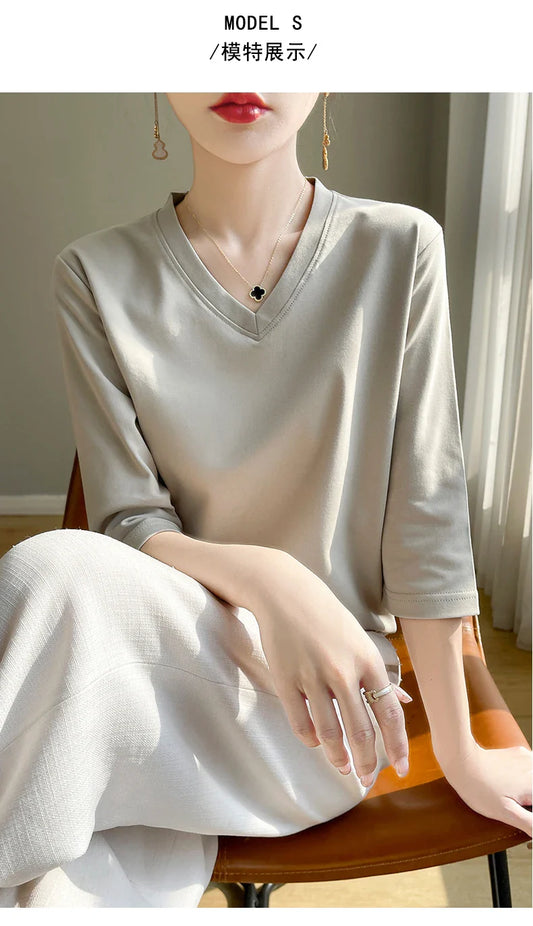 Spring And Summer New Cotton V-neck T-shirt Short-Sleeved Women's Half-Sleeve Bottoming Shirt High-End Cropped Sleeve Top