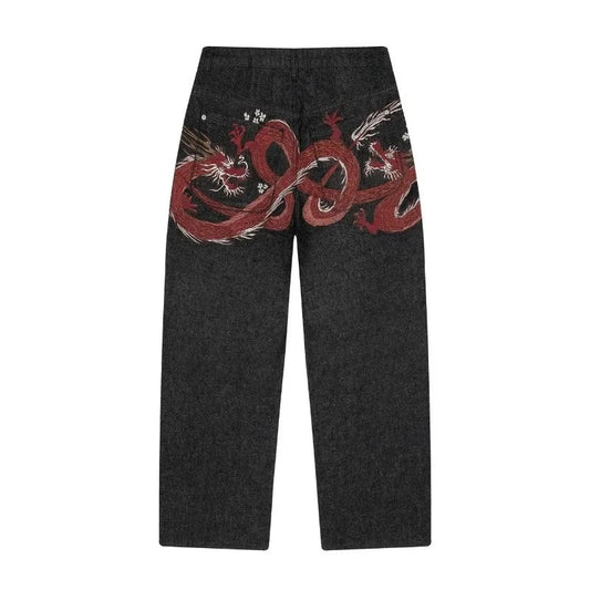 Y2K Harajuku Jeans Vintage Cherry Blossom Selvedge Denim Pants Hip Hop Gothic men women denim fabric wide leg pants streetwear