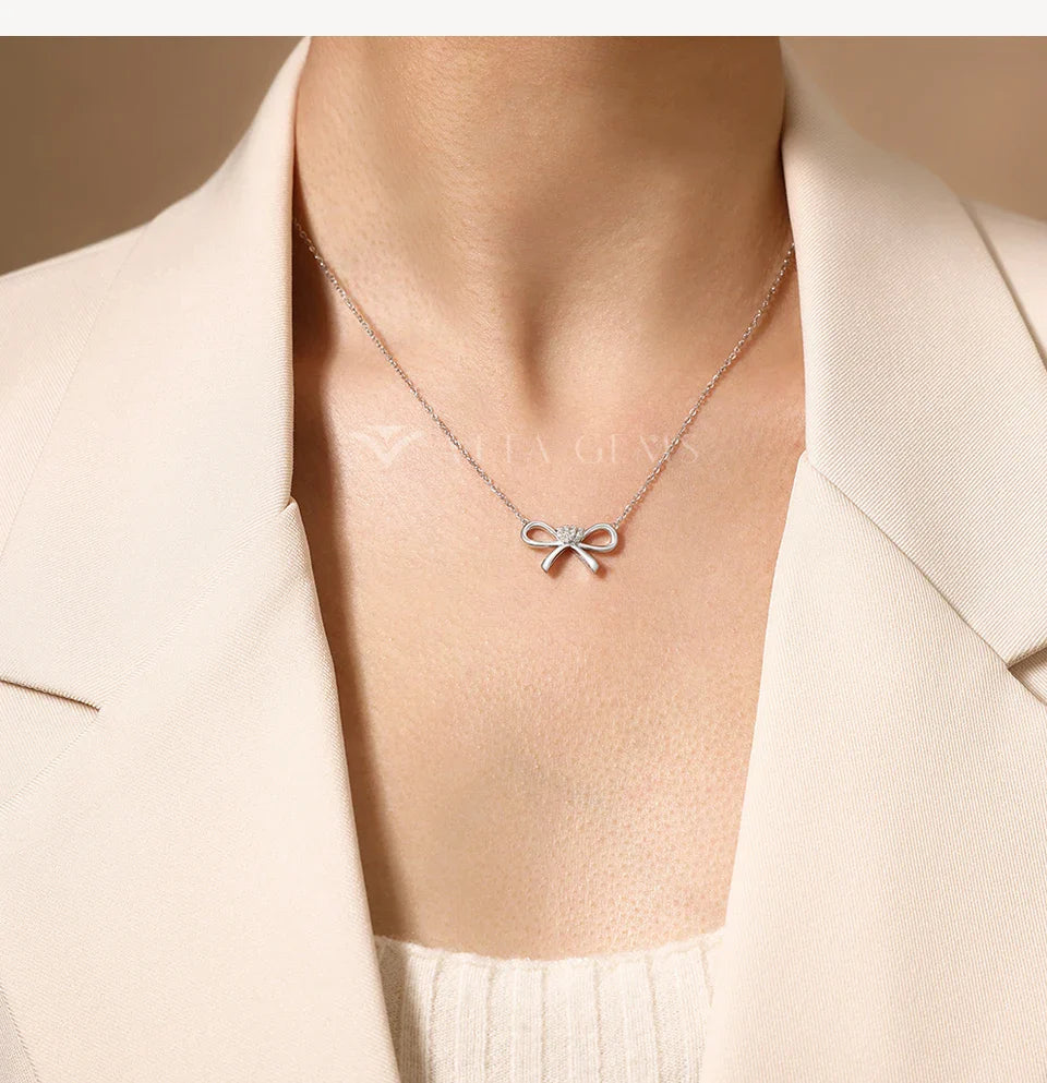 925 Sterling Silver Bowknot Pendant D VVS1 Moissanite Luxury Necklaces for Women Engagement Party Ramadan Gift Jewelry