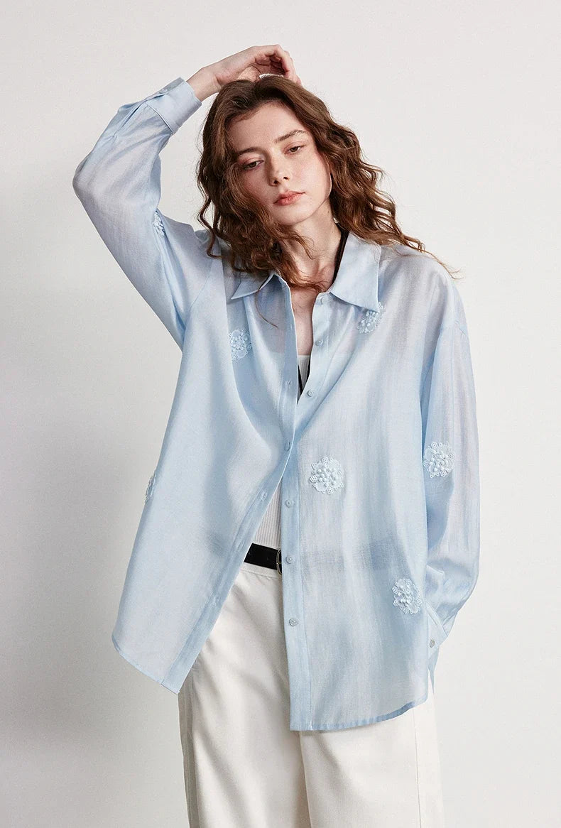 Women Shirt 2026 Spring New Lyocell Acetate Three-dimensional Embroidered Loose Jacket
