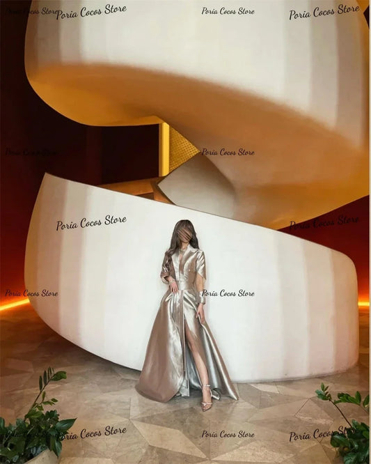 Customized Long Sleeve Evening Dresses V Neck A-line Solid Color High Slit Prom Gown Vintage Celebrity Banquet Party Dress Women