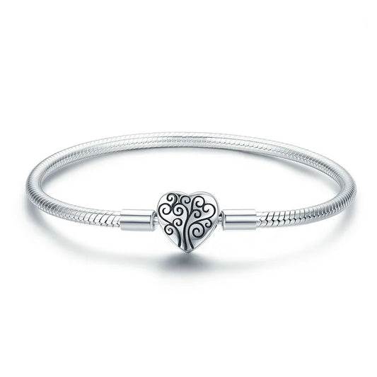 Bracelet à breloques "Cœur d'amour éternel" en argent sterling 925 pour femme, fermoir chat, chaîne serpent, bijoux fins
