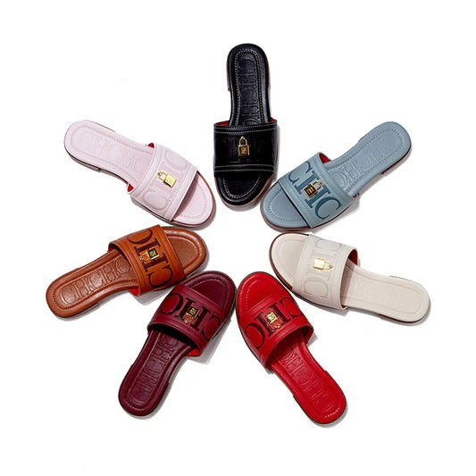 Fashion Monogram Print Elegant Design Women's Low Heeled Slippers Solid Color High Quality Metal Lock Simple Single Shoes