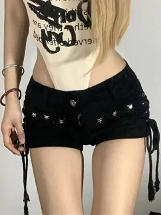 Y2K Vintage Gothic Denim Shorts Women Black Korean Low Waist Aesthetic Cowboy Short Pants Summer Clothes