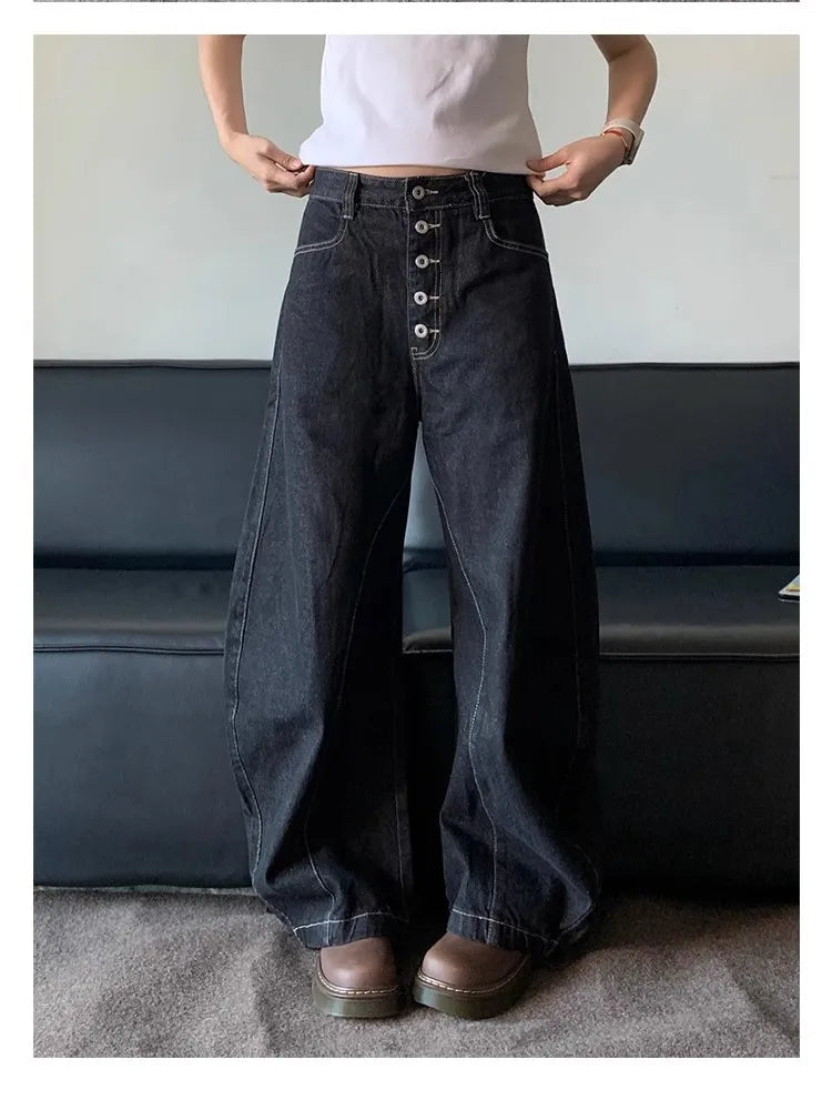 American Retro High Street Button Design Bootcu Bla Knife Wide Leg Loose Long Jeans for Men And Women Trendy