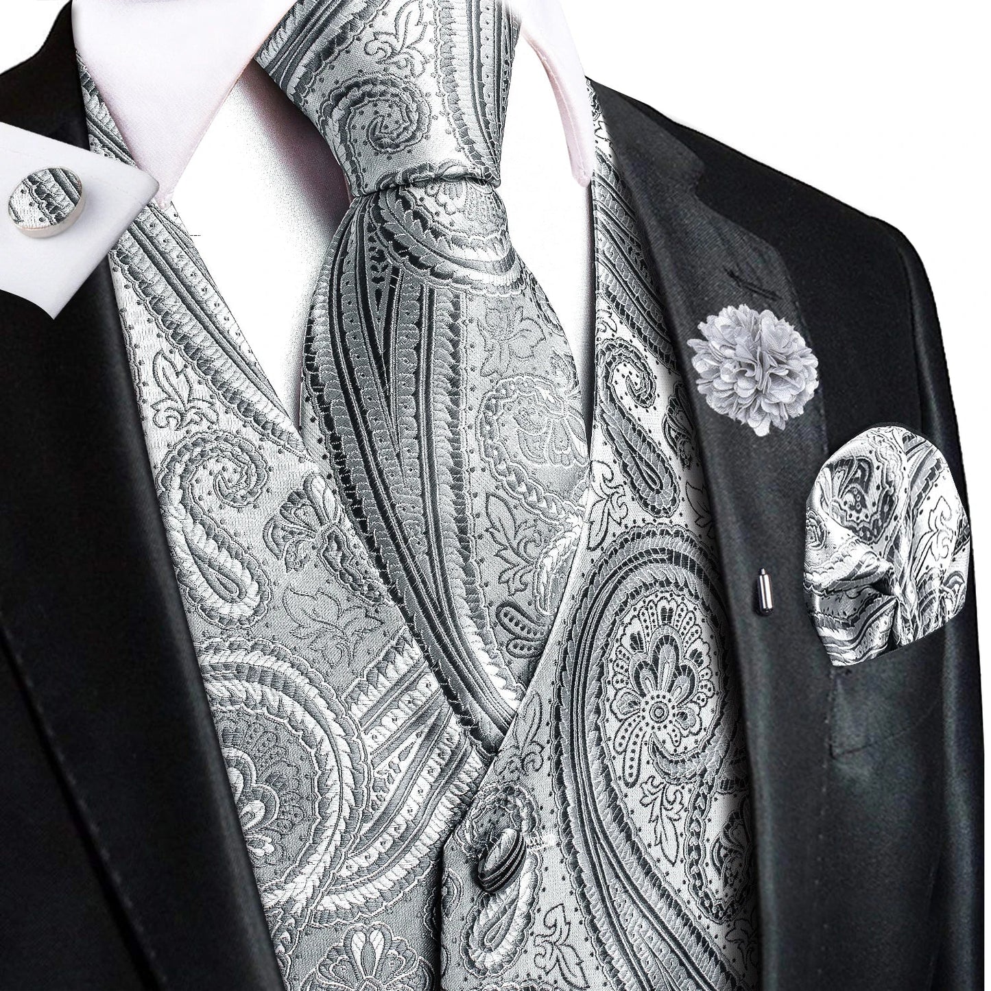 Luxury Mens Vests Black Gold Floral Jacquard Waistcoat Tie Hanky Cufflinks Brooch Set for Men Suit Wedding Office XL