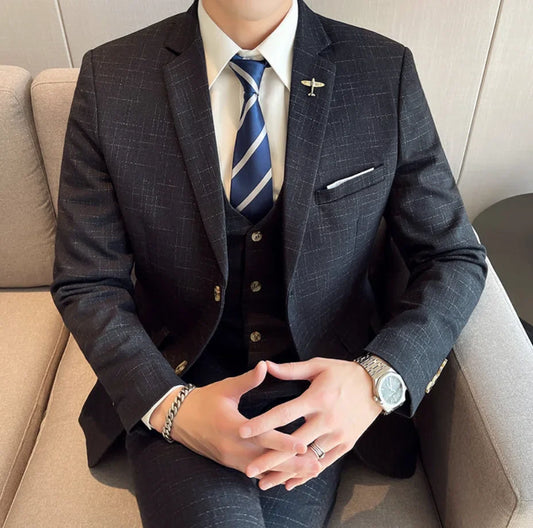 High Quality Slim-fit Men's Three-piece Suit with Vest And Trousers - Double Buckle Wedding Art Fabric Tough Man Suit