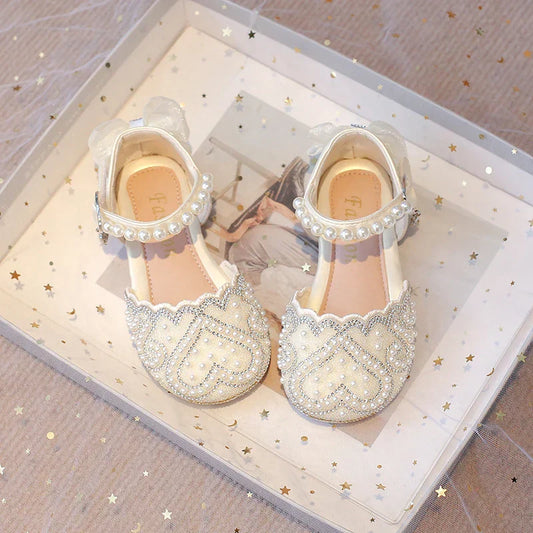 2025Summer Girls Sandals With Heel Fashion Rhinestone Shiny Glitter Shoes Children Princess Bowtie Pearl Dancing Shoes