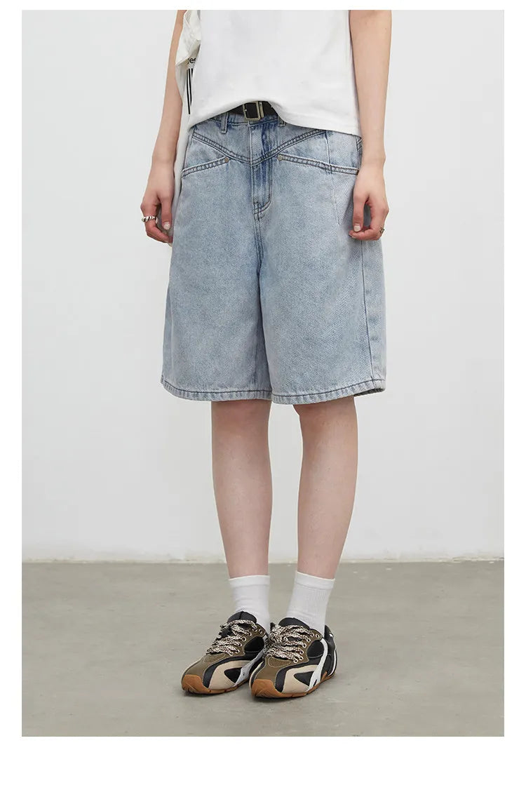 Fashion Women Shorts Mid-length Blue New Dividing Line Design Retro Washed Cotton Straight Leg Short Jeans Summer 2026