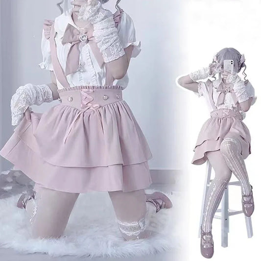 Japanese Sweet Lolita Ruffles Bow Short Suspender Skirt Girls Gothic Plaid Bandage Party Mini Skirts Y2k Casual A-Line Skirts