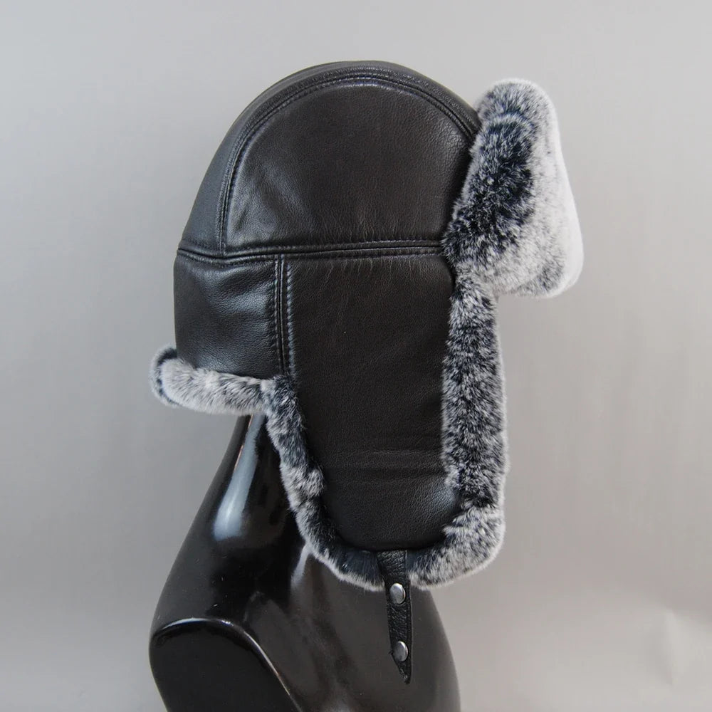 Winter Russian Man Woman White Skin Natural Rex Rabbit Fur Hats Luxury Real Sheepskin Leather Cap Unisex Real Fur Bomber Hat